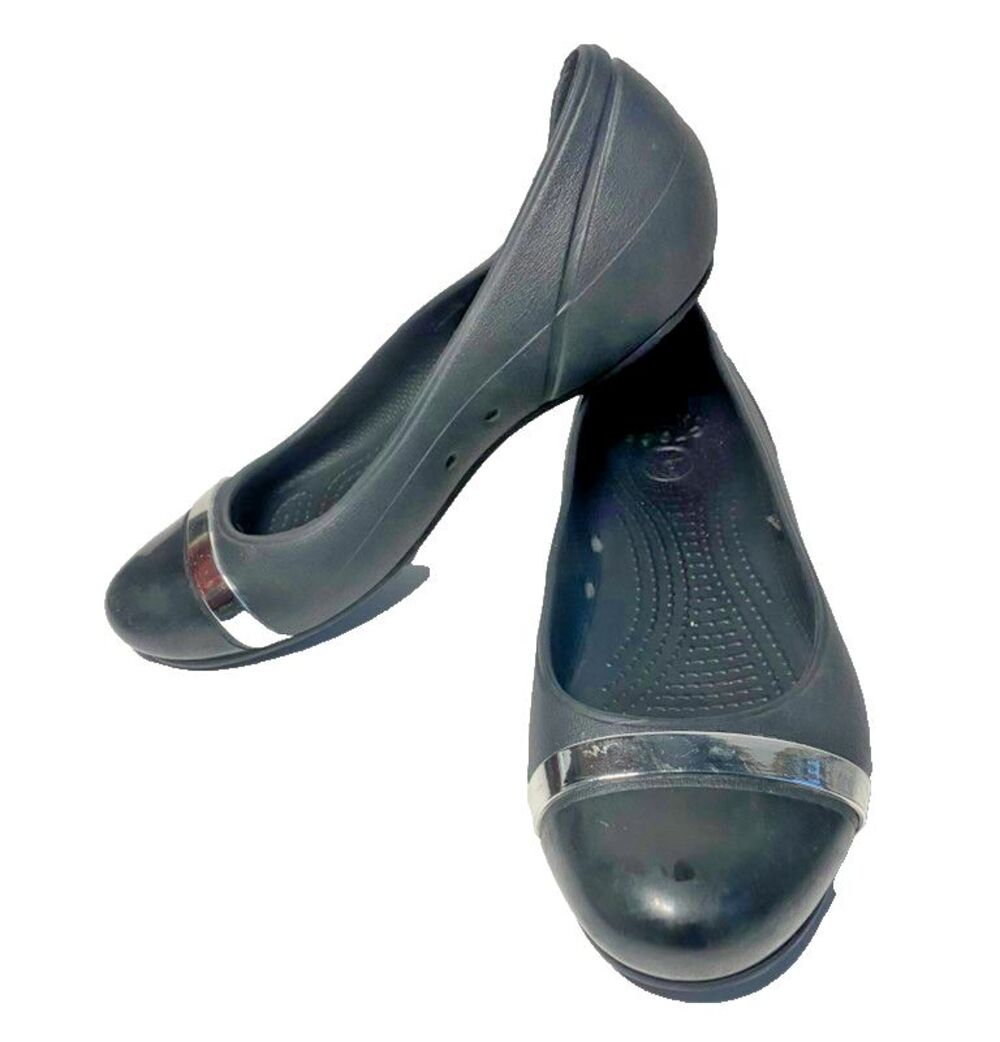 Crocs Cap Toe Mirror Women’s US 7 Black Slip-On Ballet Flats Casual Comfort Shoe